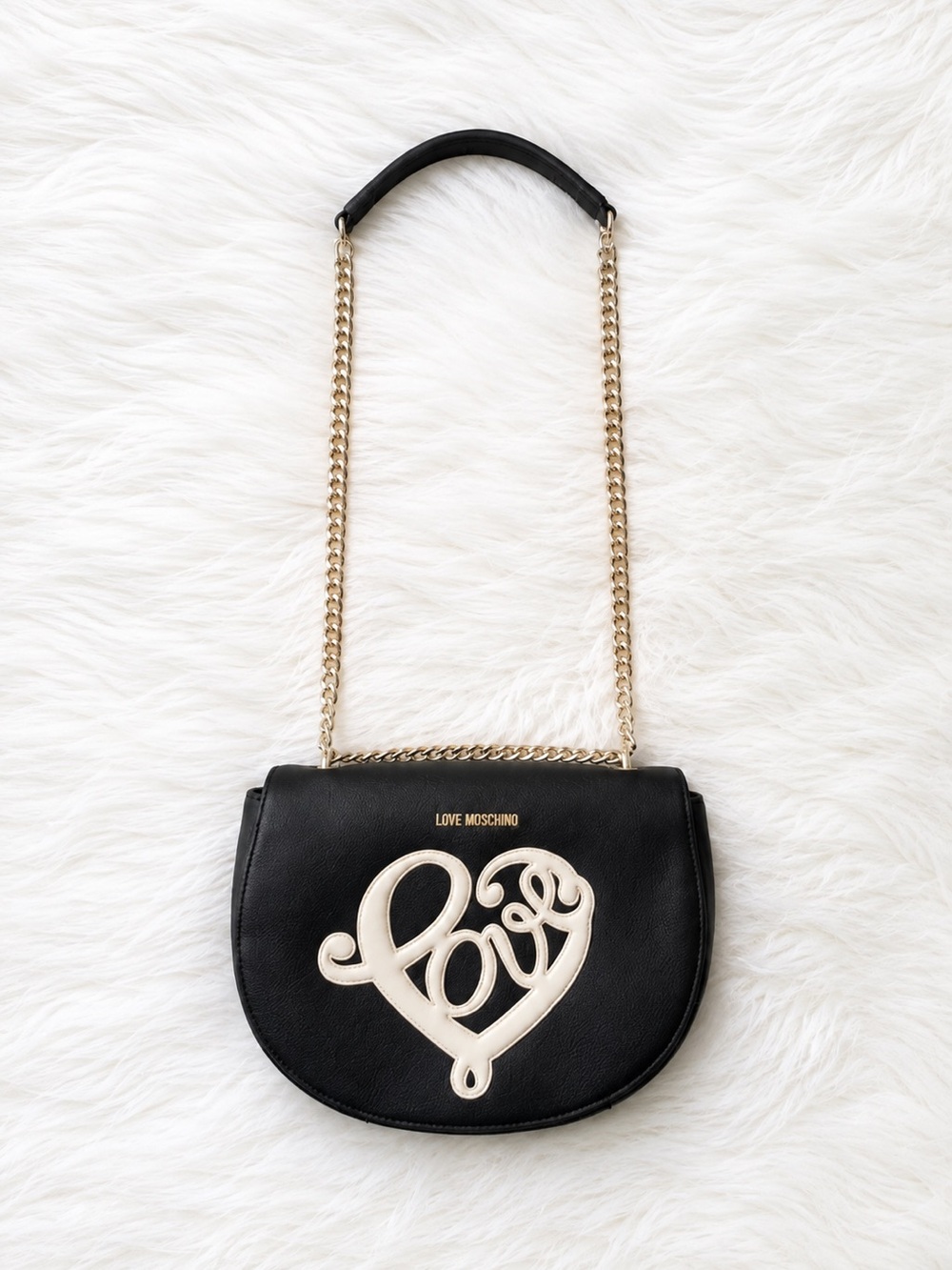 Love Moschino Black Heart Cursive Logo Crossbody Flap Bag